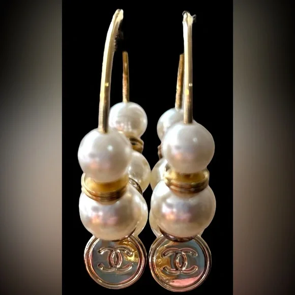 CC Logo Luxe-Inspired Gold, Pearl & CZ Upcycled Hoop Earrings - Picture 8 of 9